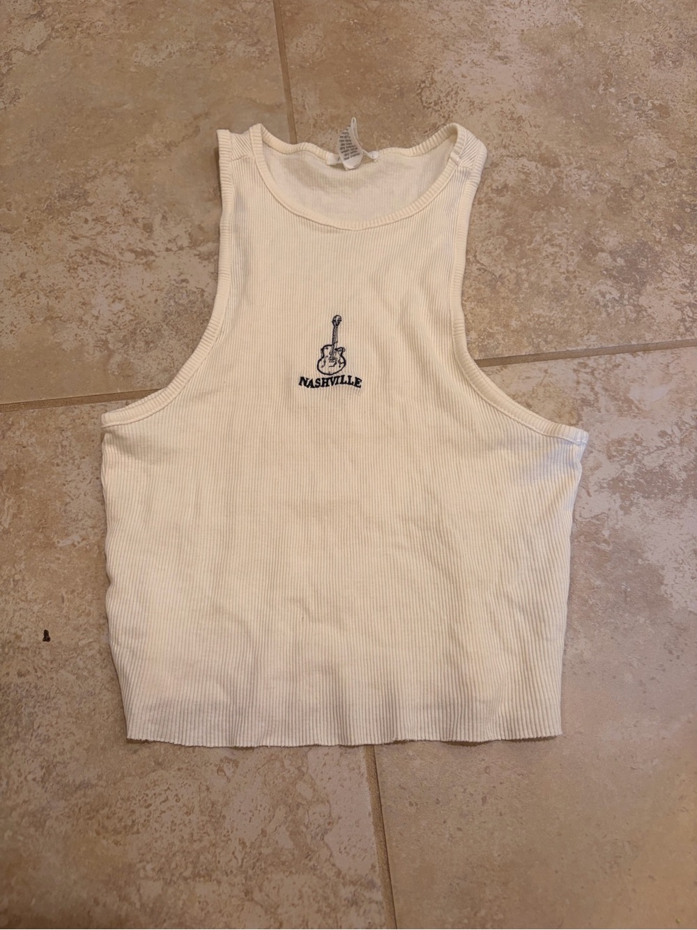 Full Tilt Cream Ribbed Cropped Tank with Nashville Guitar Motif